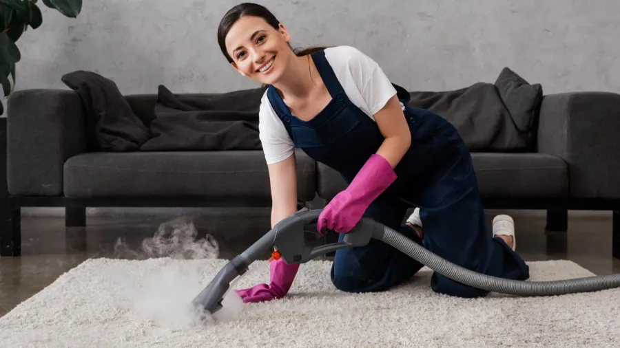 A woman smiling while using a steam cleaner on a carpet.