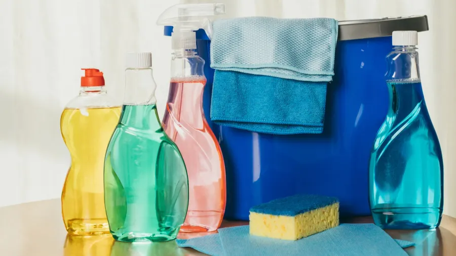 Cleaning products and bucket.