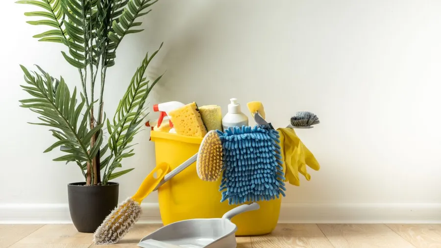 Cleaning supplies and tools placed on the wooden floor next to potted plant