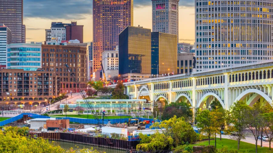 Downtown Cleveland, Ohio, USA skyline on the Cuyahoga River.