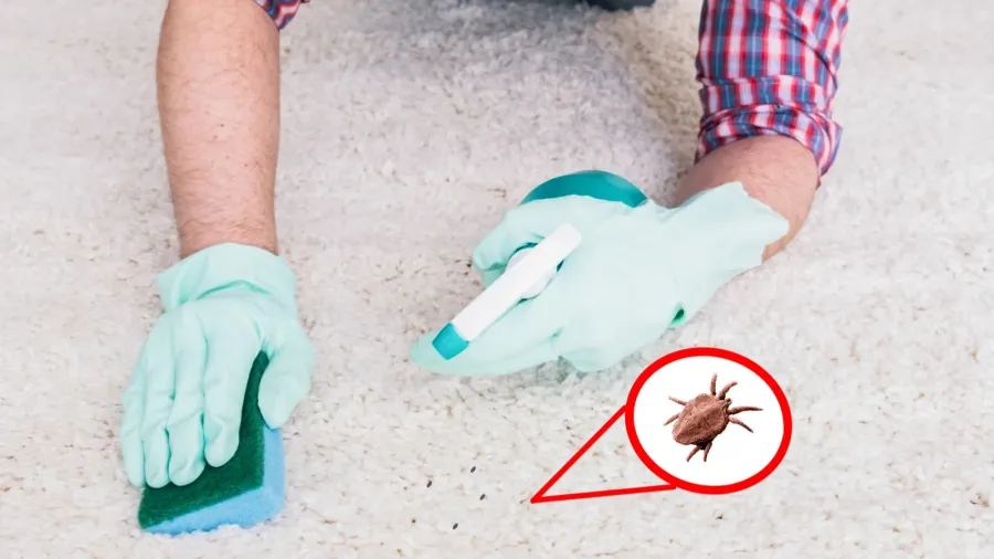close up hands cleaning white carpet floor with sponge