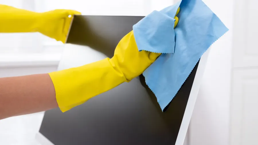 closeup of a persons hand cleaning desktop screen with blue