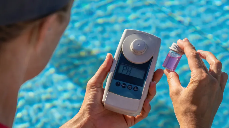 Person testing water pH levels with a digital tester by the pool.
