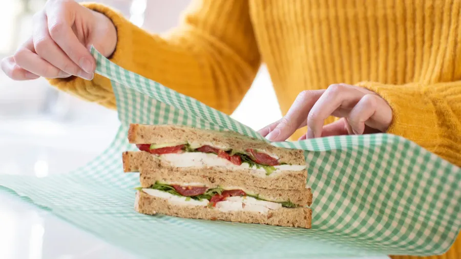 close up of woman wrapping sandwich in reusable environmentally