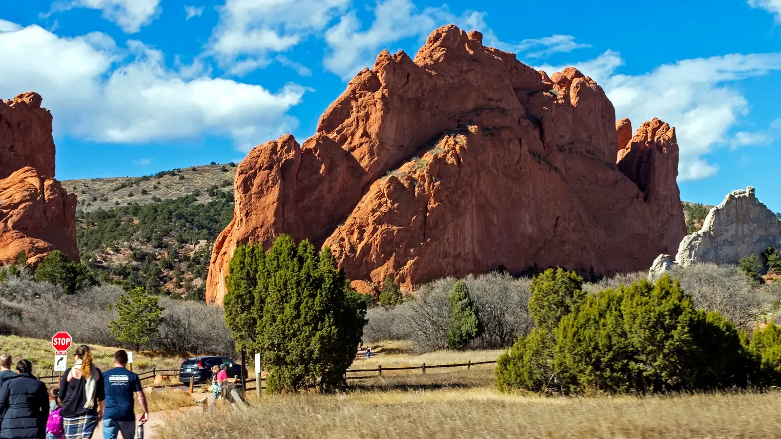 A moment in time at the Garden of the Gods Park in Colorado Springs, Colorado, featuring its iconic red rock formations.