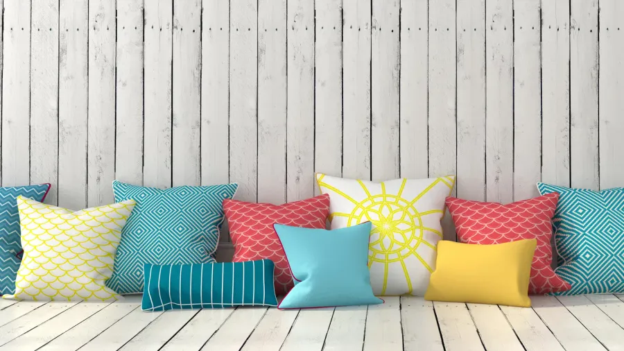 colorful cushions and wall with white boards