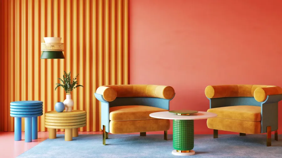 colorful interior desing of living room memphis concept 3d render