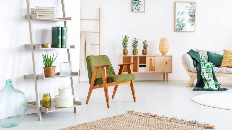 A living room interior with shelf with books, potted plant, and decor accents, wooden armchair, a wooden console table with decor accents, and rug.