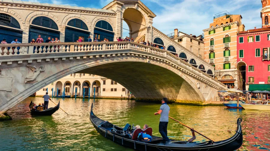 colorful morning view of rialto bridge amazing cityscape of