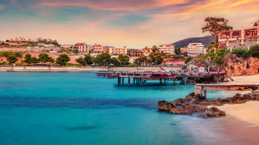 colorful spring sunset in ksamil town amazing evening seascape if