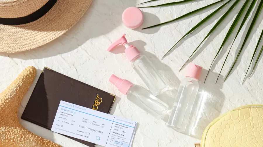 composition with travel cosmetic products beach accessories ticket and palm