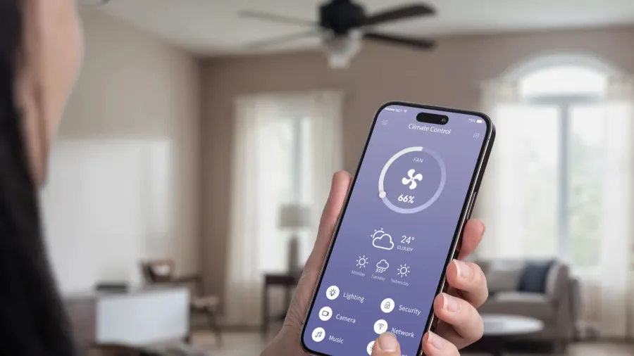 A woman controlling a ceiling fan in a living room using her smartphone.