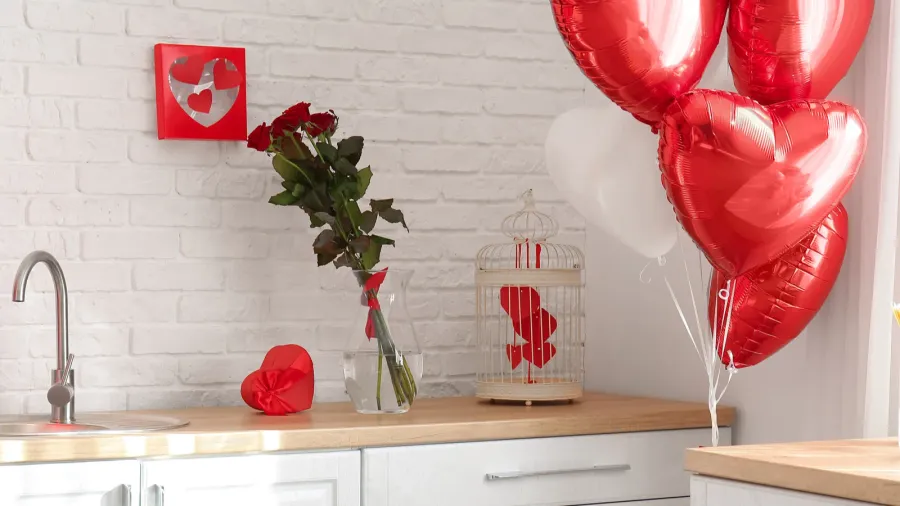 counters with stylish decor and heart shaped air balloons for