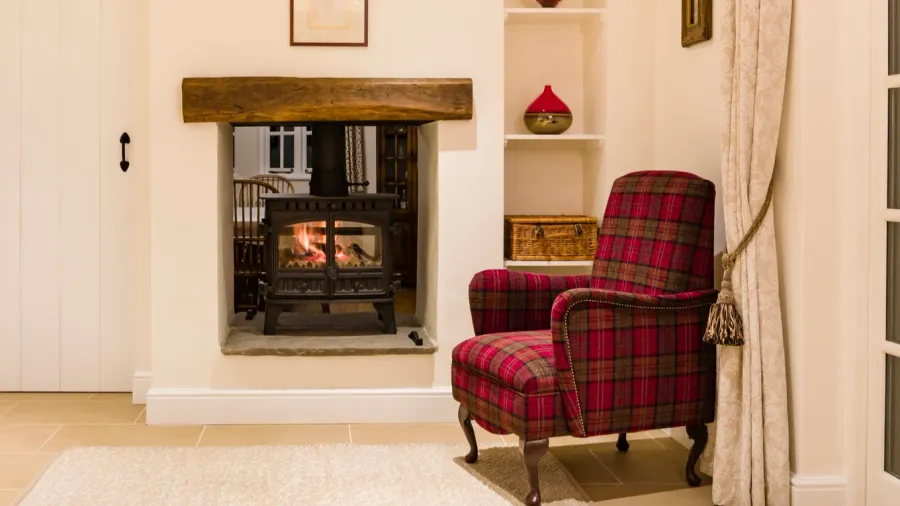 country home interior with wood burner