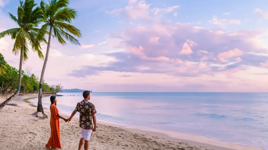 couple on the beach with palm trees watching the sunset