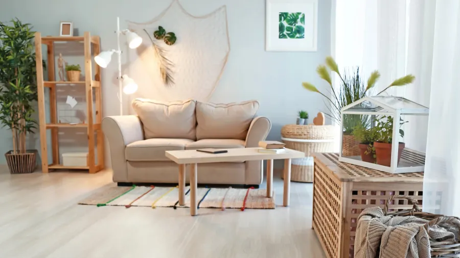 cozy living room interior in eco style with comfortable furniture