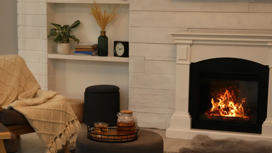 cozy living room interior with comfortable armchairs and decorative fireplace