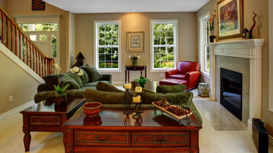 cozy living room interior with fireplace