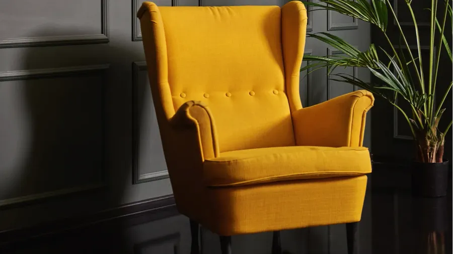 cozy old mustardcolored armchair palm tree and green walls business