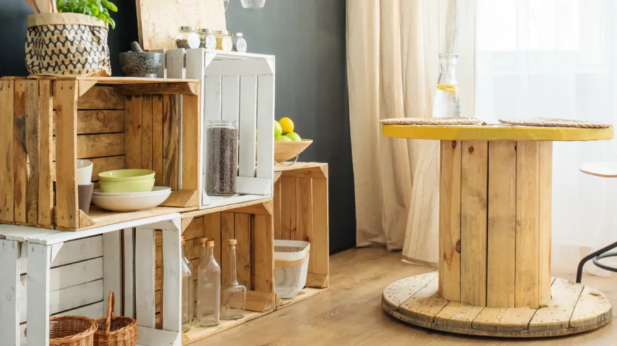 crates and table in a room