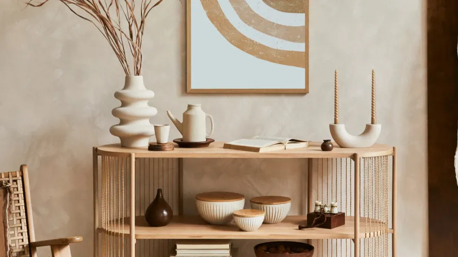 A living room interior with a wooden console table holding ceramic vases, stylish candle holder with candles, and other decor accents.
