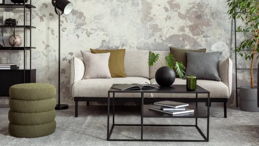 creative composition of living room interior with gray sofa stylish