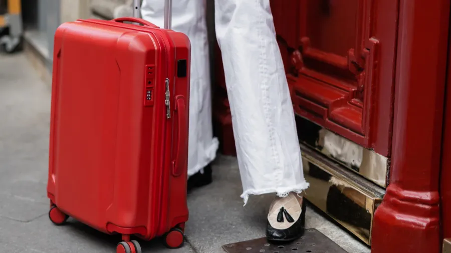 cropped view of suitcase near traveler on urban street in