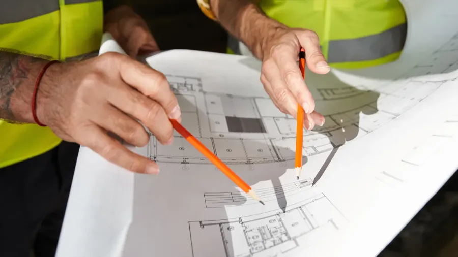 cropped view of two builders in safety vests working with
