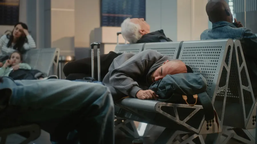 crowded international airport terminal exhausted man with luggage sleeping on