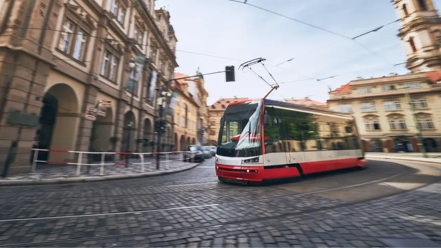 daily life in city modern tram of public transportation in
