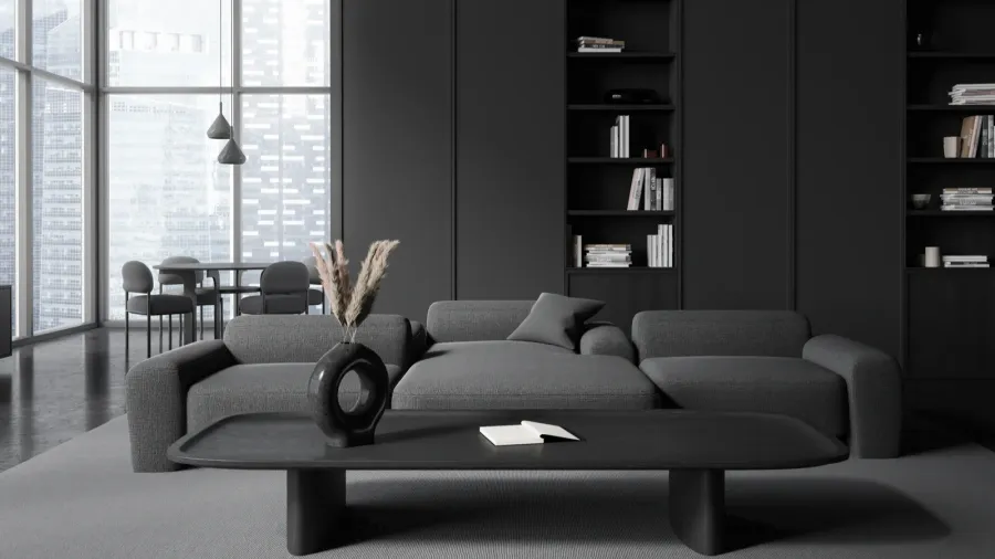 dark home living room interior with sofa and shelf with