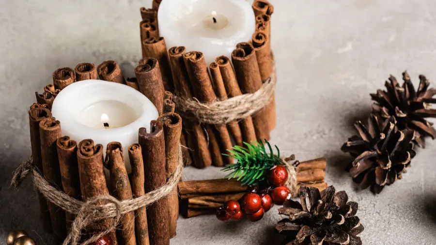 candles wrapped up in cinnamon sticks on a flat surface with pinecones