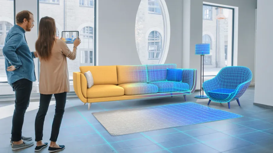 decorating apartment lovely young couple use digital tablet with augmented
