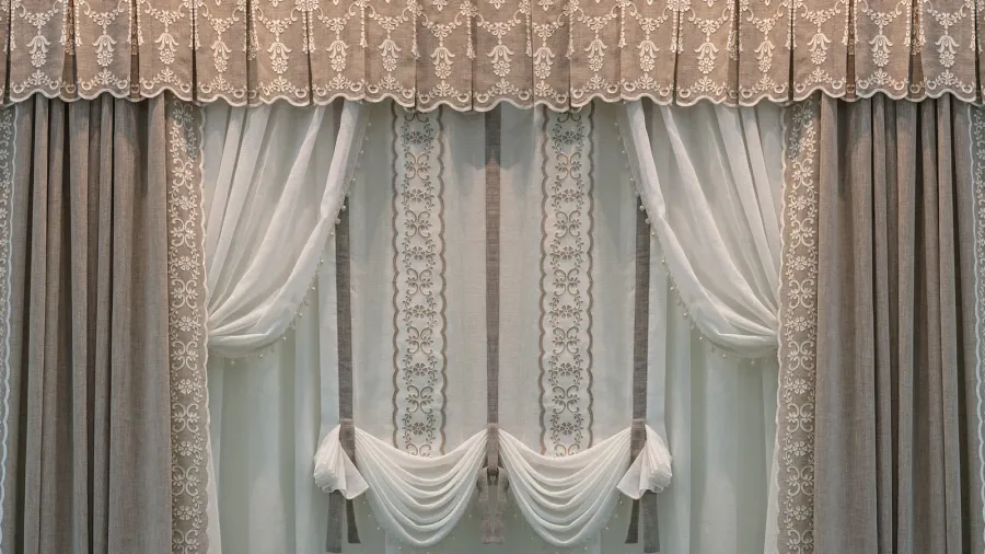 decoration of windows with linen cloth in gentle pastel colors