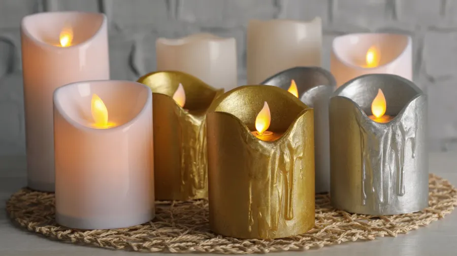 decorative led candles on white wooden table