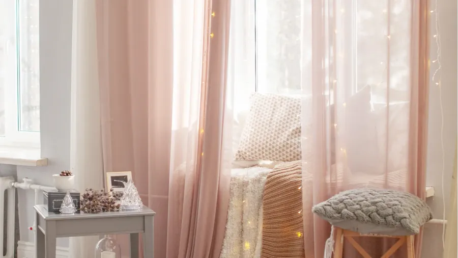 delicate light interior with pink curtains