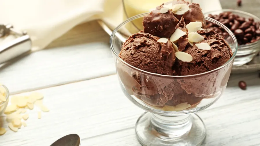 A bowl of chocolate ice cream topped with almonds.