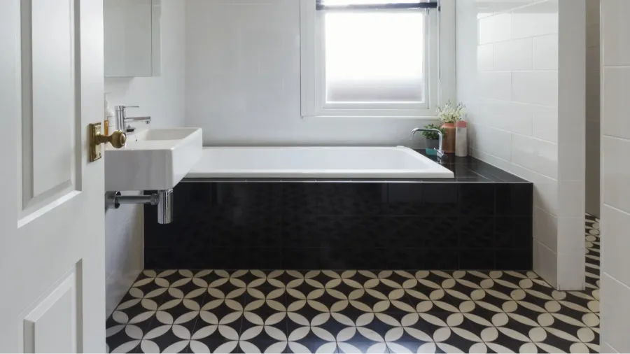 designer bathroom renovation black and white floor tiles horizon
