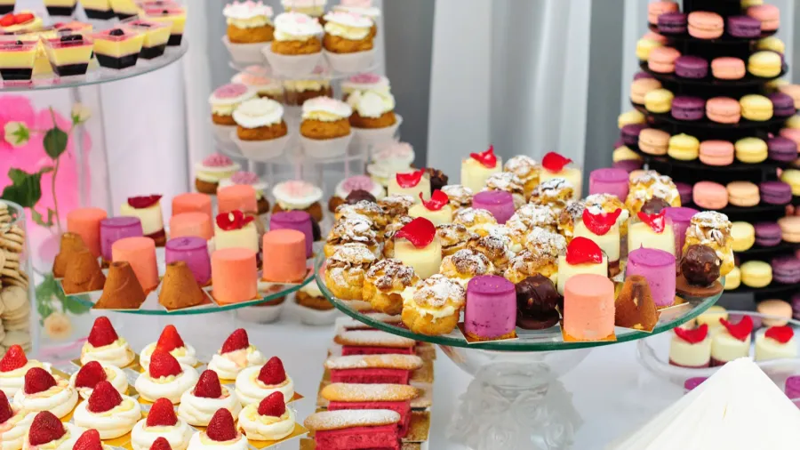 A dessert table with cupcakes, pastries, and other desserts displayed on crystal and tiered trays.