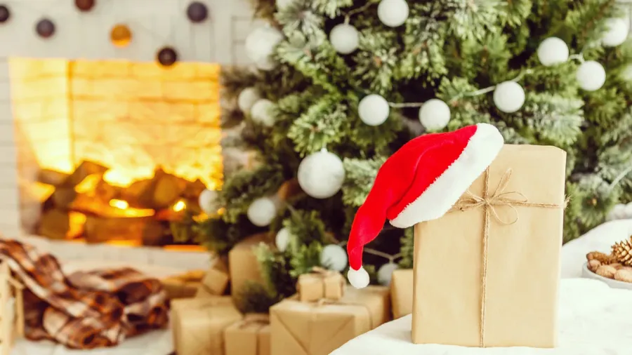 different christmas decorations and gifts at home