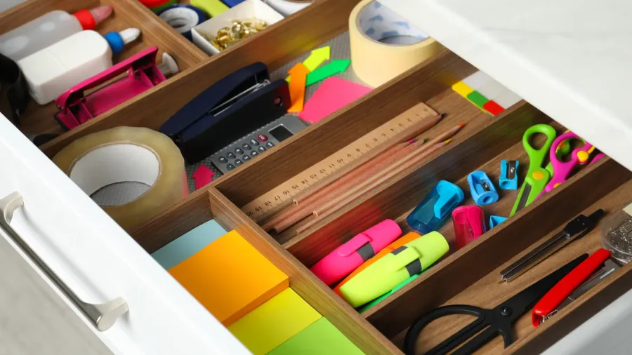different stationery in open desk drawer indoors