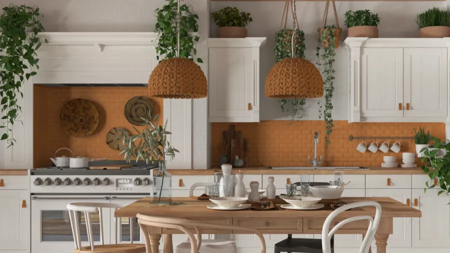 A boho style kitchen interior with pendant lights, dining table and chairs, brick backsplash, and white cabinets.