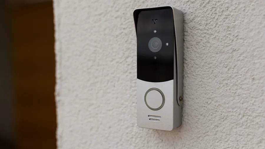 A doorbell with camera installed on a white textured wall.