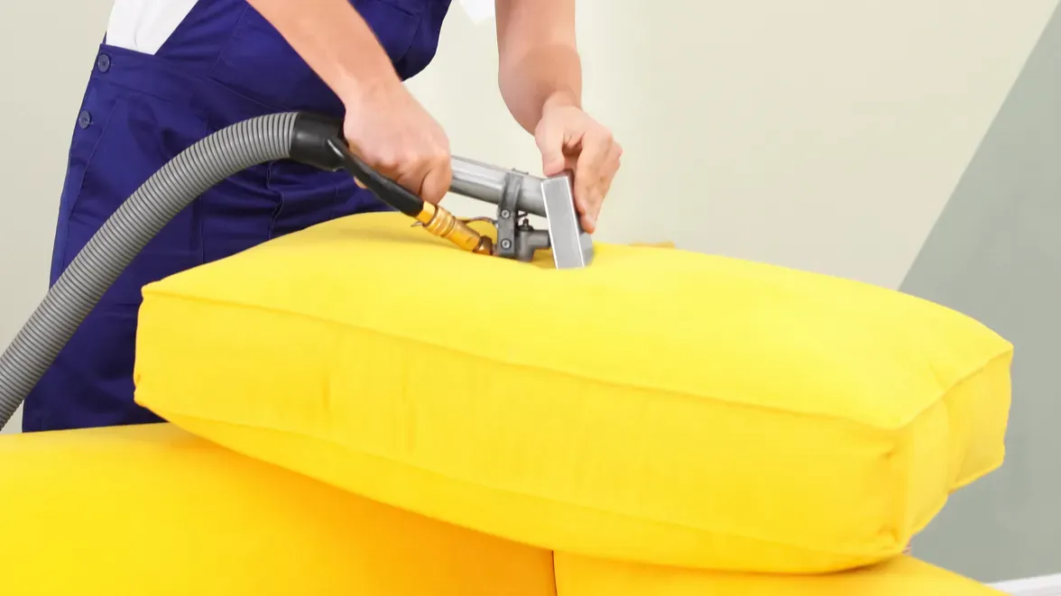 dry cleaning worker removing dirt from sofa cushion indoors
