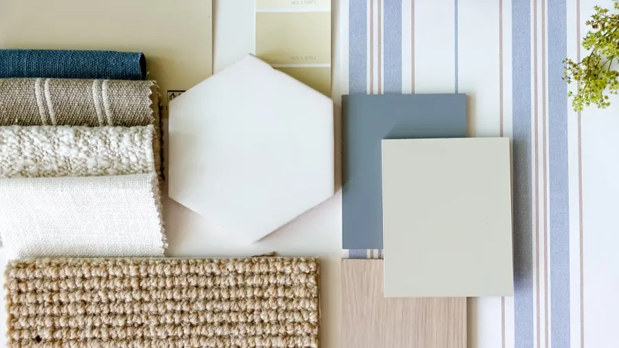 dusty blue furniture board sample board and mood board as