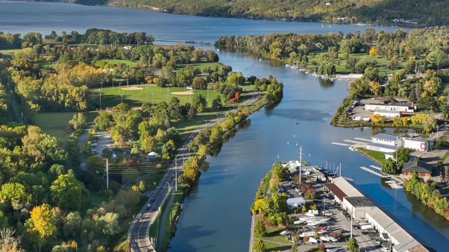 early afternoon autumn aerial photo view of ithaca new york