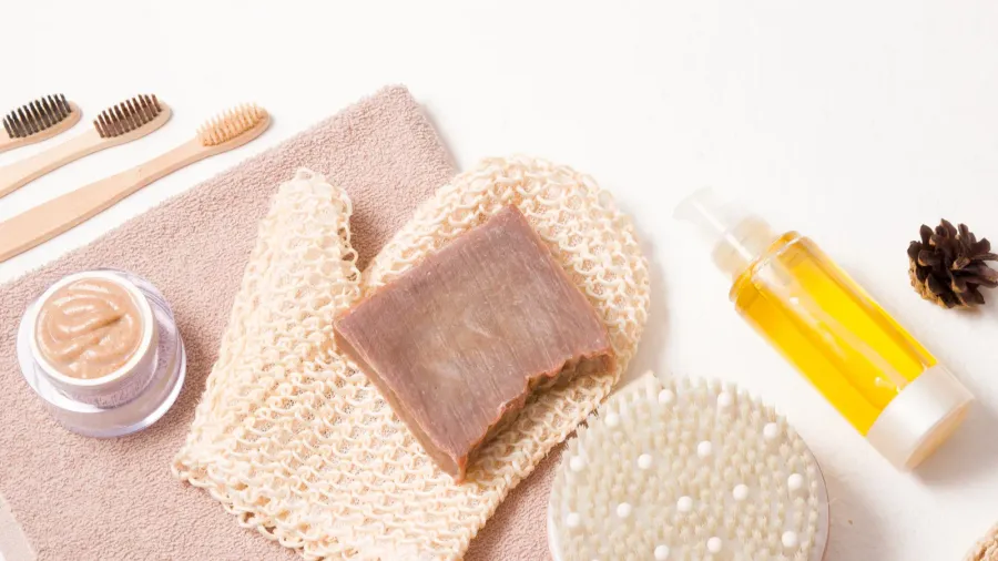 eco friendly hygiene set on a white background bath products