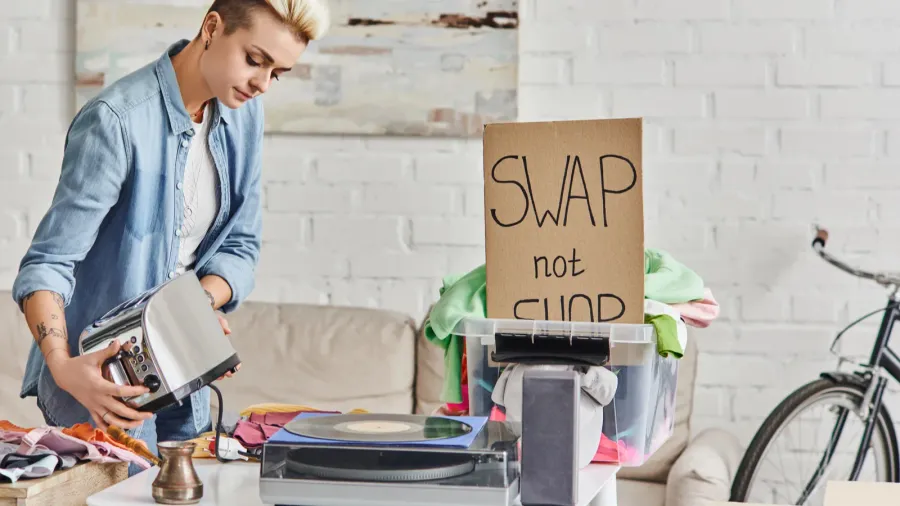 ecofriendly swaps collaborative consumption tattooed woman with electric toaster near