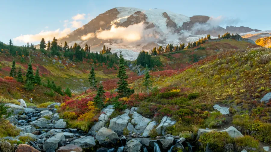 edith creek with mt rainier in fall
