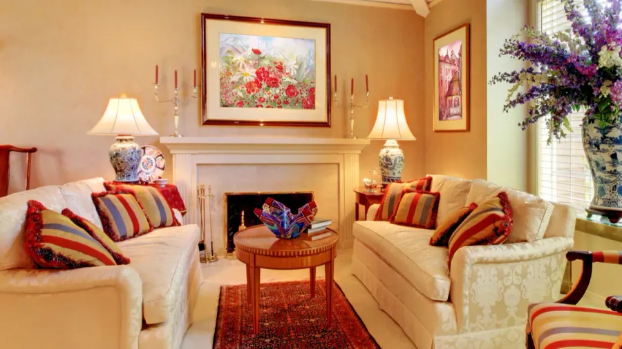 elegant luxury living room with fireplace and large window